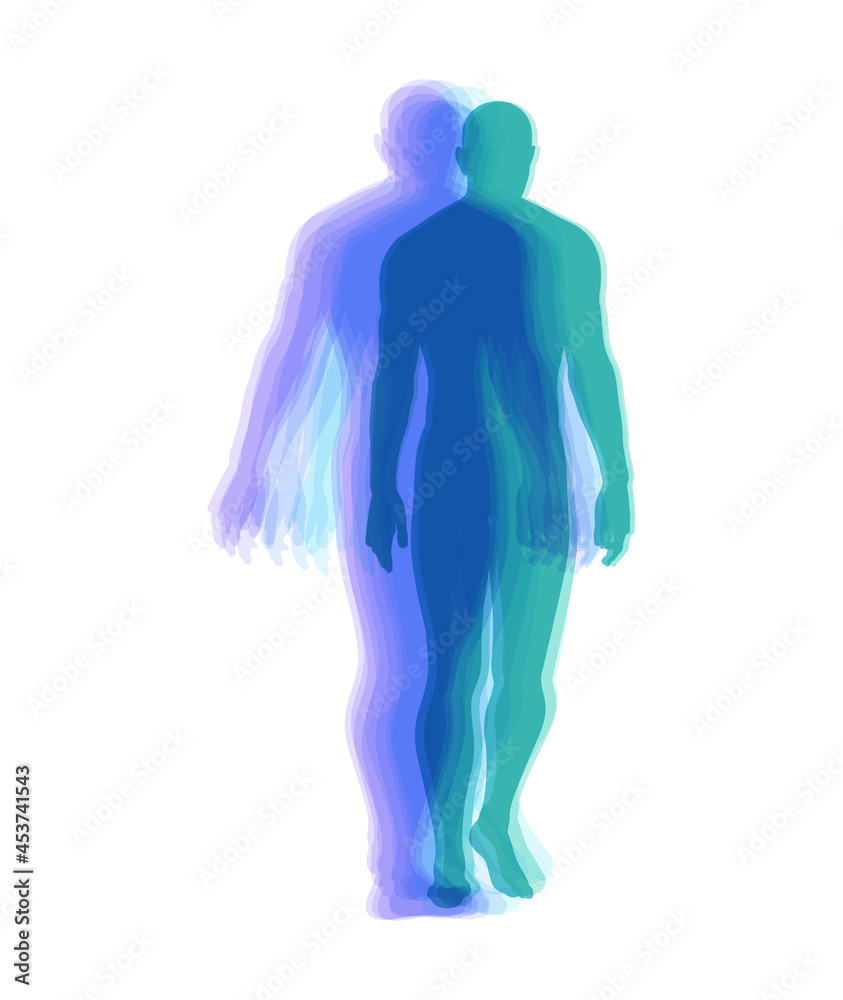 Transparent overlapping colors silhouettes. Walking man. Animation