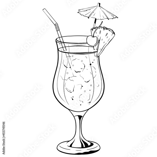 Blue lagoon cocktail, hand drawn alcohol drink with pineapple slice, cherry and umbrella. Vector illustration on white background