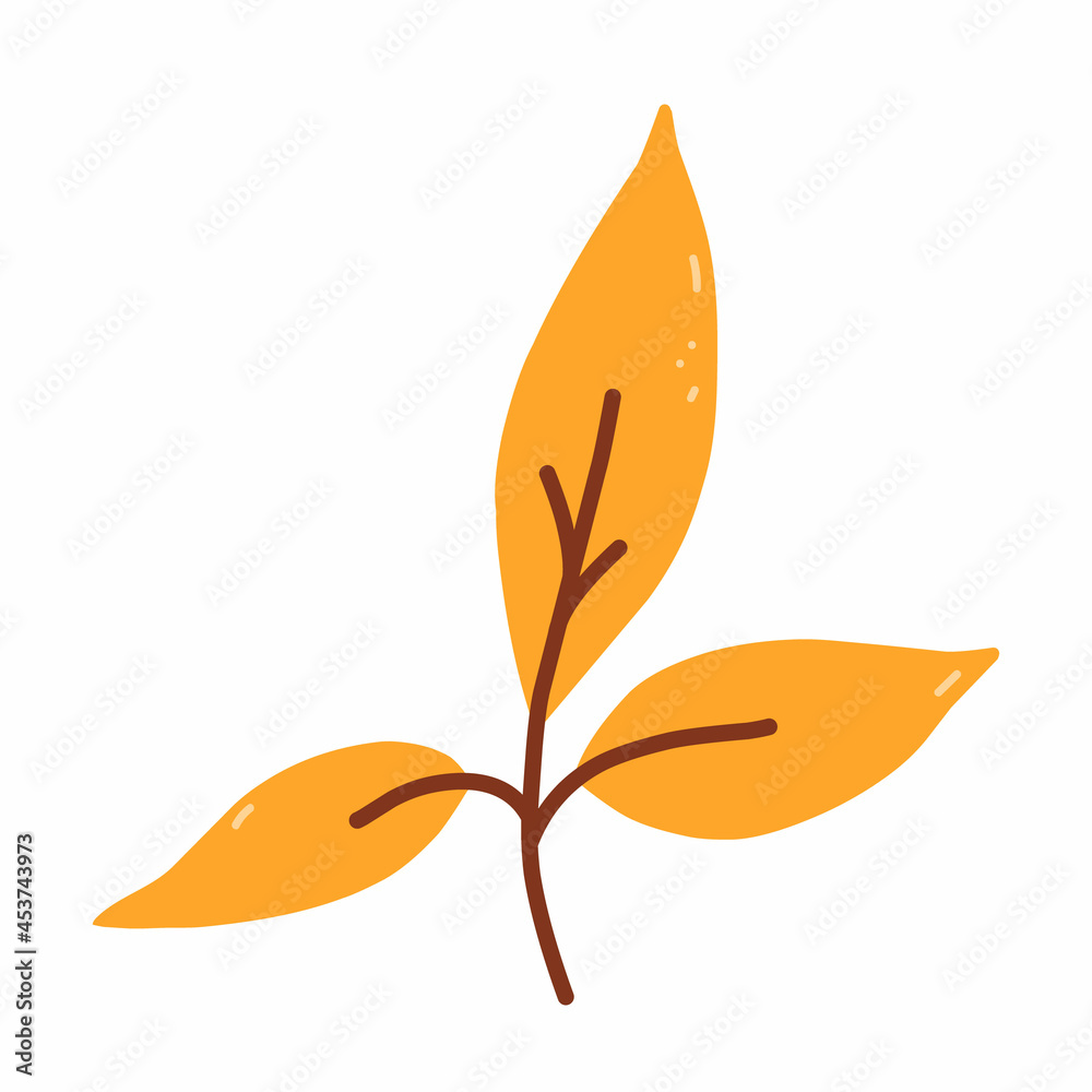 Twig with orange leaves isolated on white background. Vector hand-drawn illustration in cartoon flat style. Perfect for your project, cards, invitations, print, decorations.