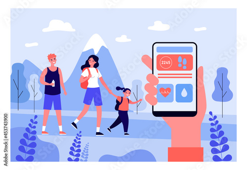 Happy family leading healthy lifestyle. Flat vector illustration. Mom, dad, daughter using smart app tracking physical activity, heart rate, steps, liquids drunk. Technology, sports, family concept