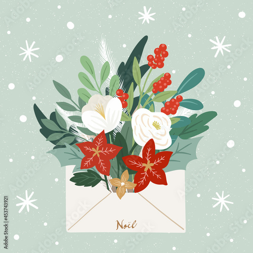 Christmas flower bouquet with envelope vector illustration 