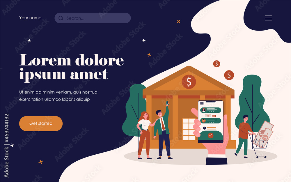 Naklejka premium Hand holding phone with banking app. Money, transaction, bank flat vector illustration. Finance and digital technology concept for banner, website design or landing web page