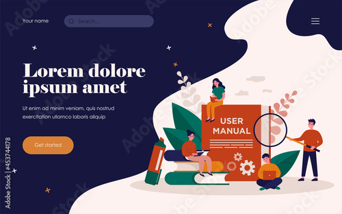 Tiny people reading user manual isolated flat vector illustration. Cartoon characters using guidebook, manual book or handbook. Instructions and guidance for help concept