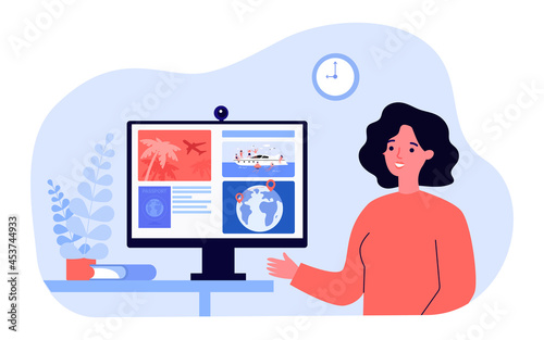 Travel agent talking about details of tourist trips. Flat vector illustration. Woman pointing to computer screen with images of flights, yacht, foreign passport. Service, vacation, resort concept