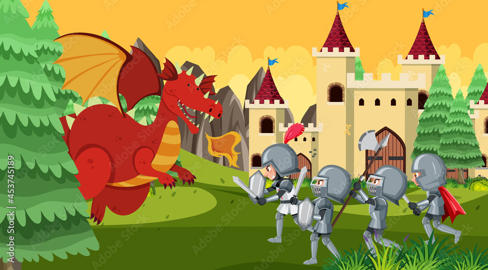 Fototapeta premium Knights fight with dragon at the castle