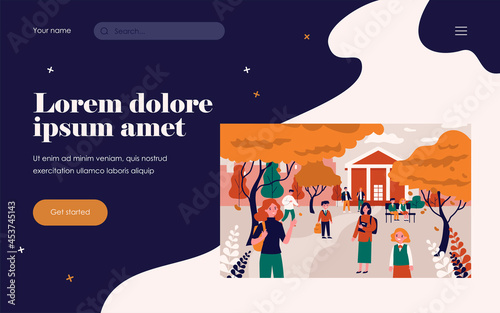 Students in schoolyard. Children and teenagers walking among red trees and school building flat vector illustration. Autumn, back to school concept for banner, website design or landing web page