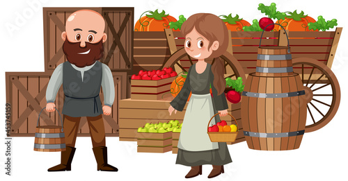 Medieval villagers at fruit store