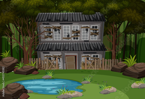 Scene with abandoned house in the dark forest