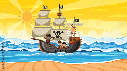 Beach with Pirate ship at sunset scene in cartoon style