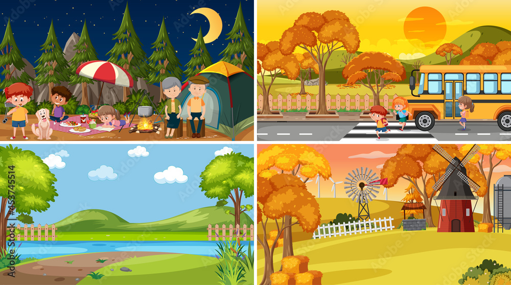 Set of different nature scenes background with many people