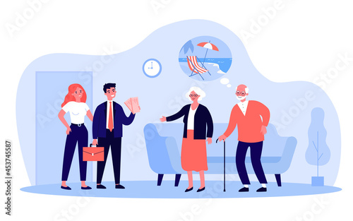 Children informing elderly parents about vacation trip. Flat vector illustration. Young family couple with tickets for trip, sharing their plans with relatives. Trip, vacation, resort, family concept