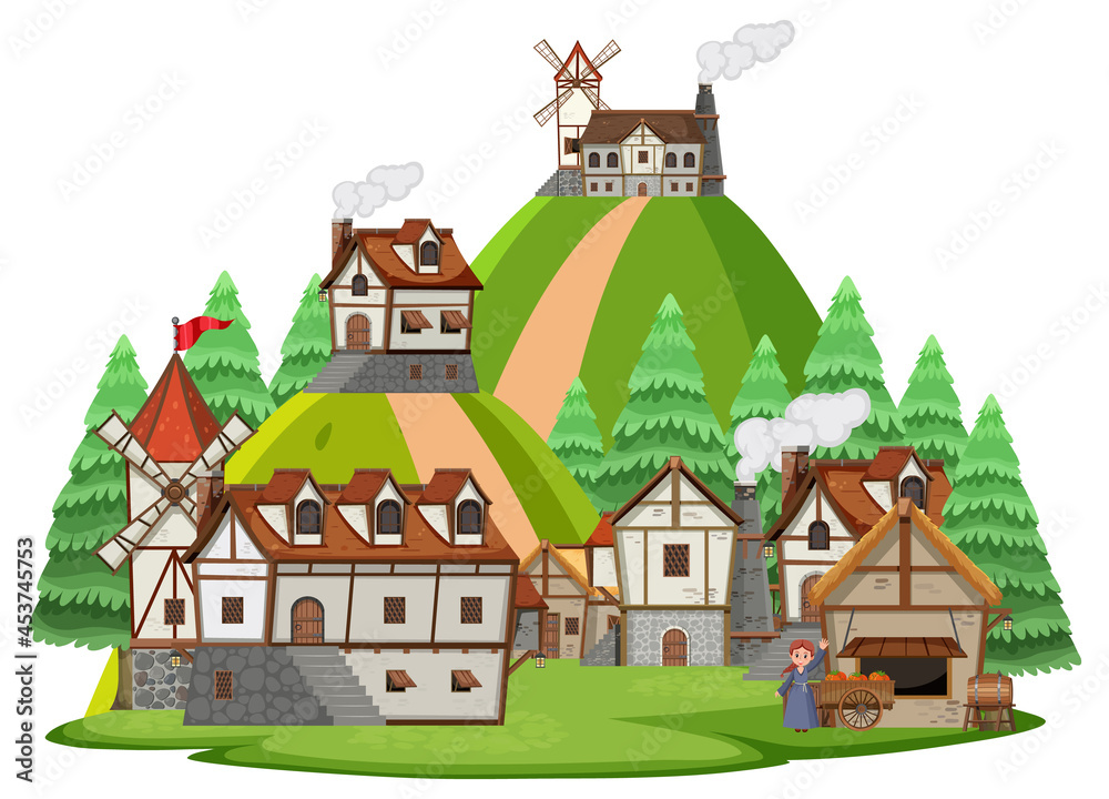 Naklejka premium Medieval village with villagers on white background