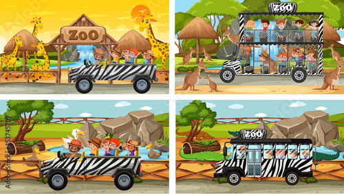 Set of different safari scenes with animals and kids cartoon character