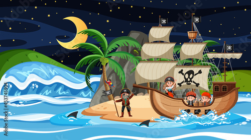 Island with Pirate ship at night scene in cartoon style