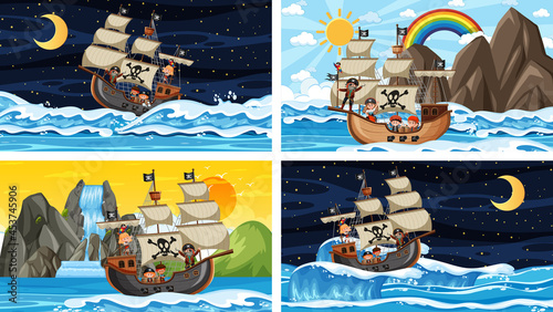 Set of different beach scenes with pirate ship and pirate cartoon character