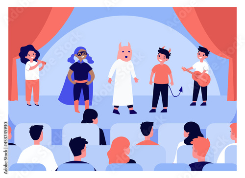 Children performing on stage in front of audience. Flat vector illustration. Kids playing in costumes of devil, superhero, pig and musicians. Matinee, theater, school, education concept