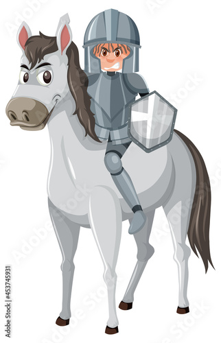 Knight riding horse cartoon character on white background