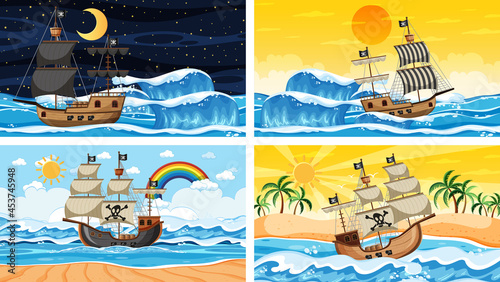 Set of different beach scenes with pirate ship