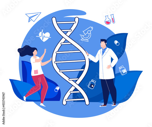 Medicine. Medical science and biotechnology...Scientific research in the field of genetic engineering, genome modification and genomics. Vector flat cartoon illustration.