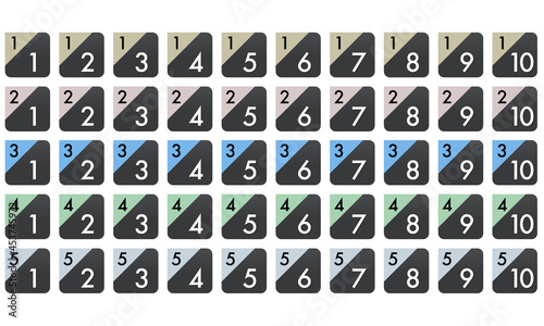 1/1, 1/2... 二つの数字の組み合わせ ベクターアイコンイラストセット（角丸四角にスラッシュ）