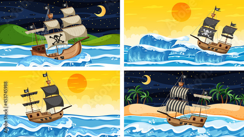 Set of ocean scenes at different times with Pirate ship in cartoon style