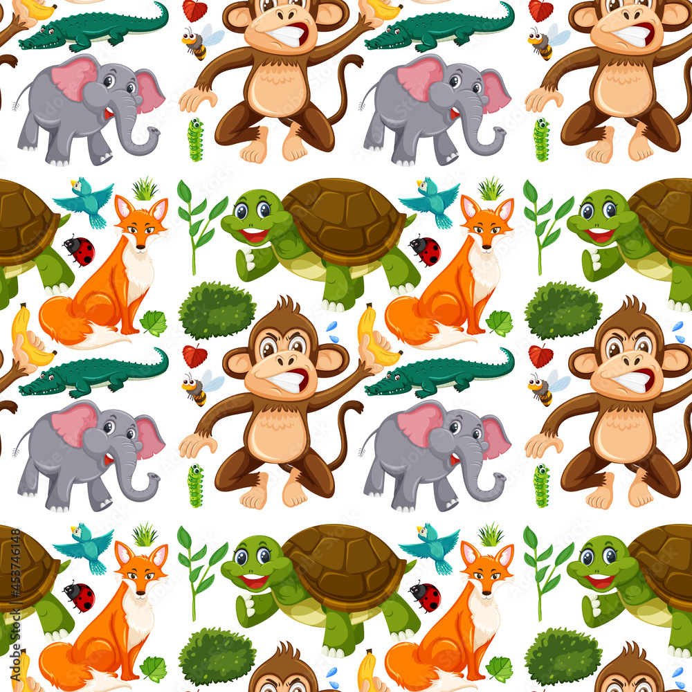 Obraz premium Seamless pattern with cute wild animals cartoon character