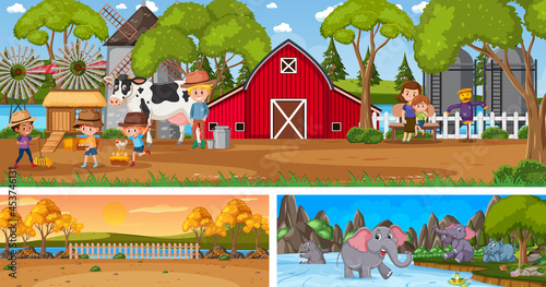 Outdoor panoramic landscape scenes set with cartoon character © brgfx