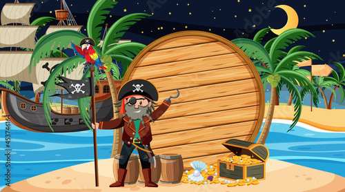 Pirate kids at the beach night scene with an empty wooden banner template