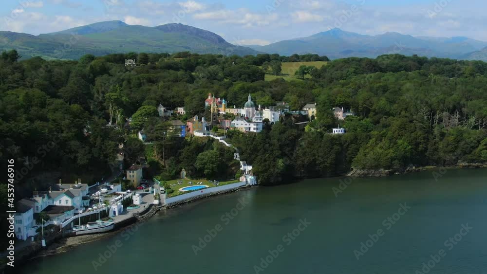 Aerial of Portmeirion, Italian style tourist resort in Gwynedd, North Wales Aerial of Portmeirion, Italian style tourist resort in Gwynedd, North Wales
