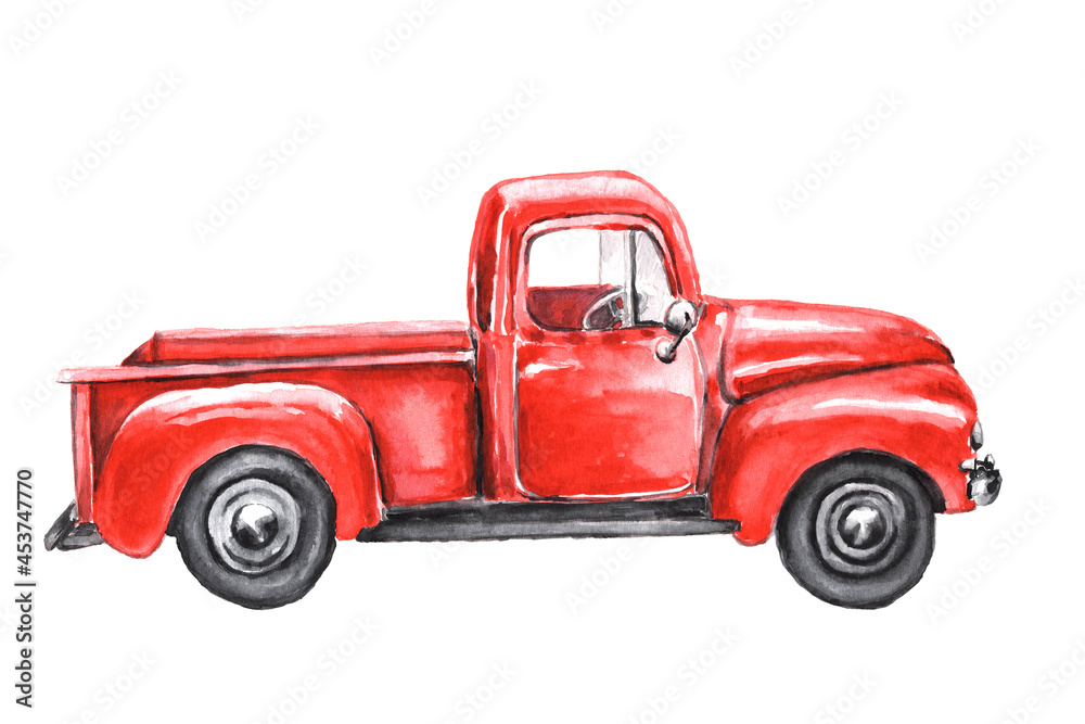 Watercolor Red Truck, Isolated on white. Hand painted Vintage Pickup