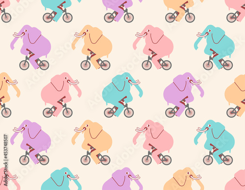 Fototapeta Naklejka Na Ścianę i Meble -  Elephant on bicycle pattern seamless. animal is riding bicycle background. Baby fabric texture. Cartoon childrens ornament