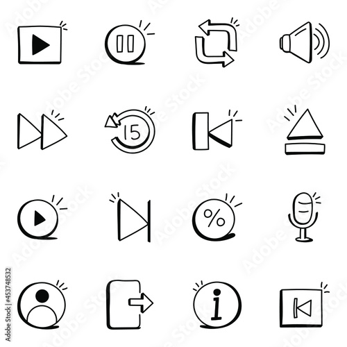 Trendy Set of Media and Control Buttons Doodle Icons

