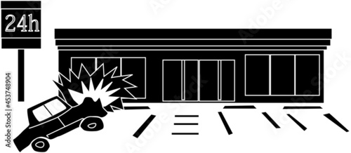店舗にぶつかる車のシルエット