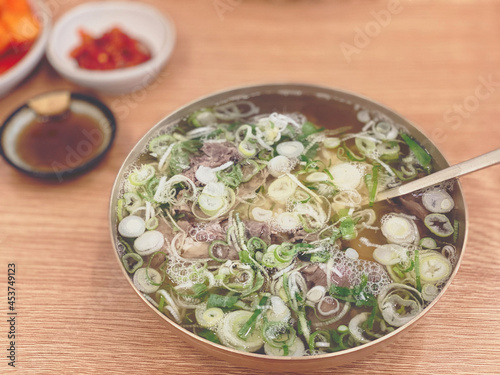 Delicious pork and rice soup in a bowl