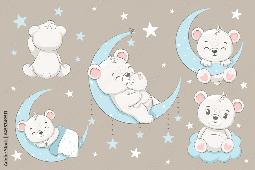 A collection of cute bears, sleeping on the moon, dreaming and flying in a dream on the clouds. Cartoon vector illustration.