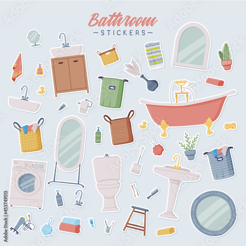 Bathroom or Washroom Stickers with Bathtub, Wash Basin and Mirror with Objects for Personal Hygiene Vector Set