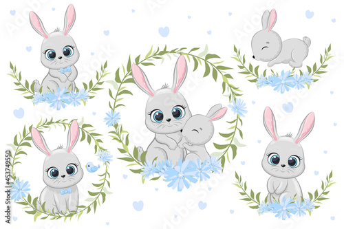 Cute banny with flowers and a wreath. Cartoon vector illustration. A set of drawings.