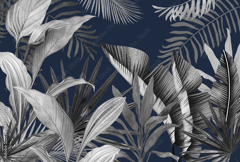 Mural for the walls. Photo wallpapers for the room. Tropical leaves on a blue background in the grunge style. - obrazy, fototapety, plakaty 