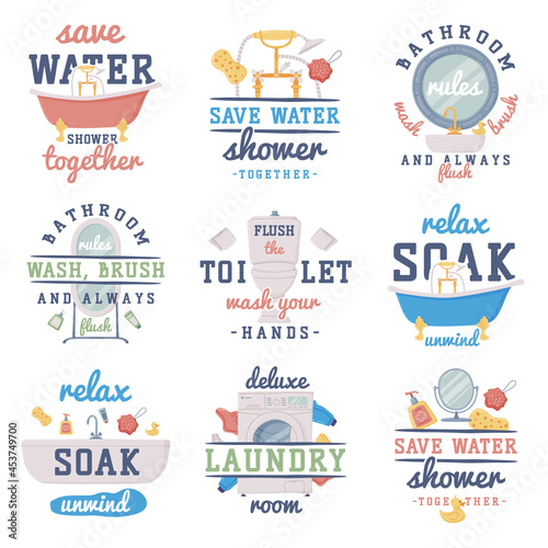 Bathroom Lettering with Shower and Washing Inscription and Furniture Item Vector Set