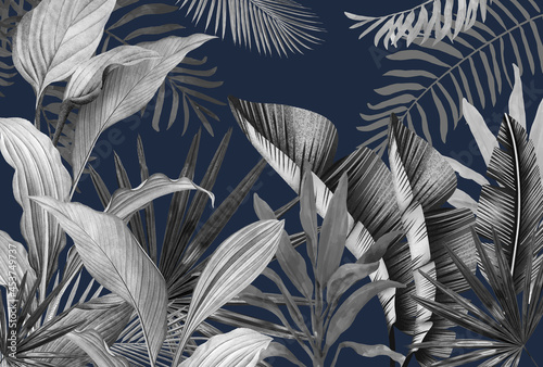 Mural for the walls. Photo wallpapers for the room. Tropical leaves on a blue background in the grunge style.
