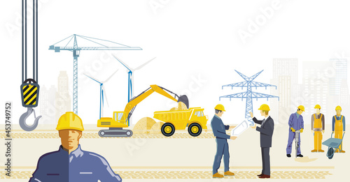 Baustelle mit Bauarbeitern und Windräder und Hochspannungsleitung, illustration photo