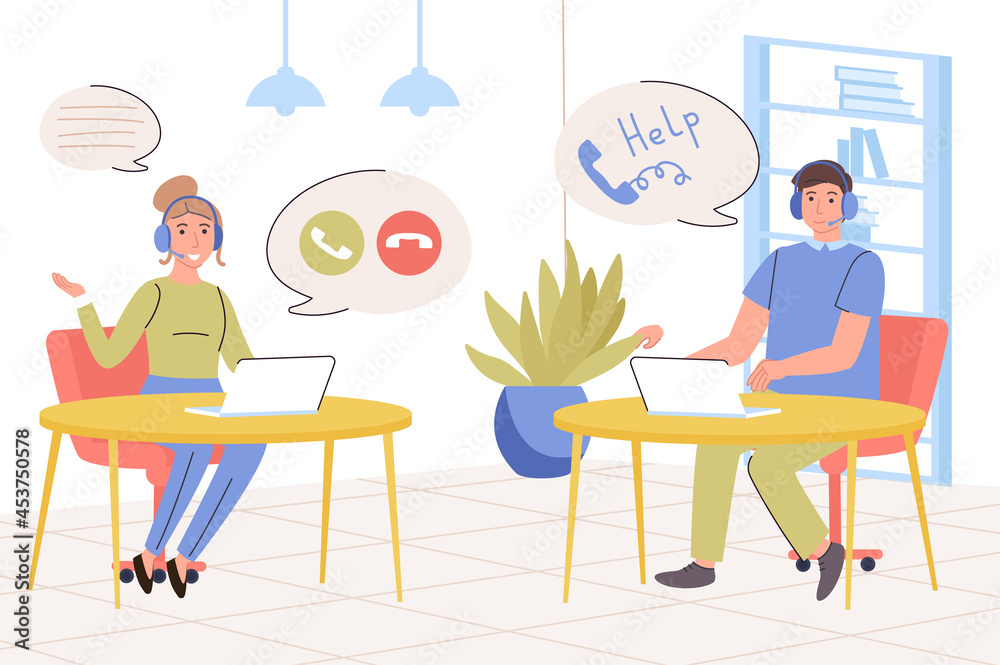 Call center concept. Support staff answers calls and messages, resolving customer issues, help and advice. Operators team working on hotline or helpdesk. Vector illustration in trendy flat design Call center concept. Support staff answers calls and messages, resolving customer issues, help and advice. Operators team working on hotline or helpdesk. Vector illustration in trendy flat design