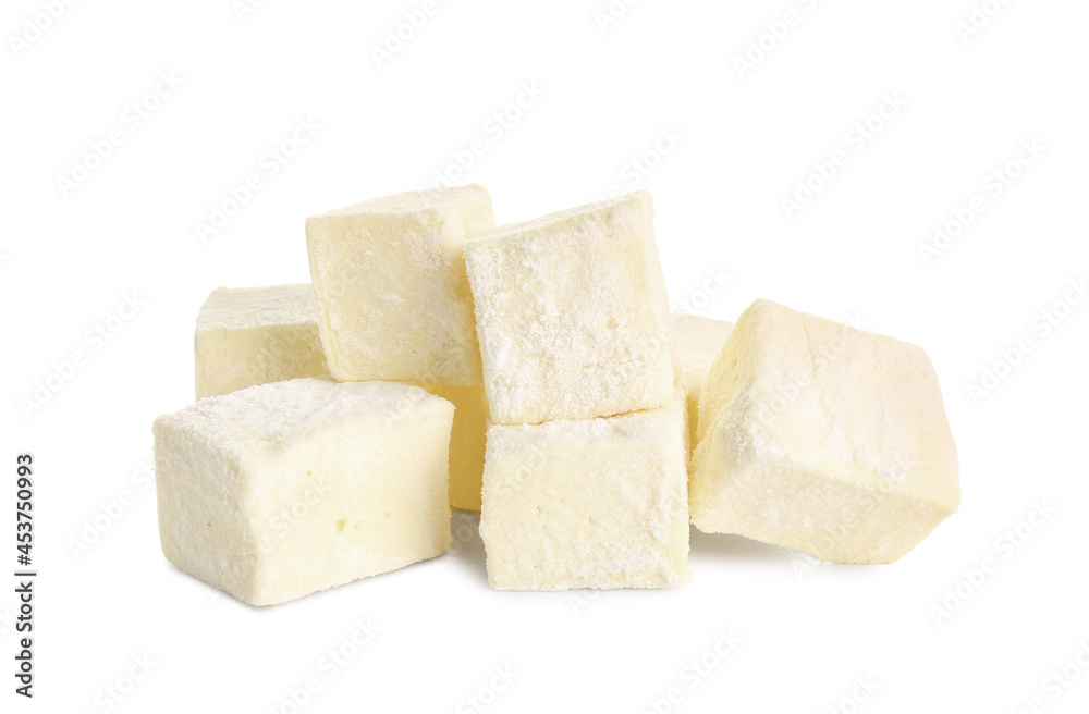 Tasty sweet marshmallows on white background Tasty sweet marshmallows on white background