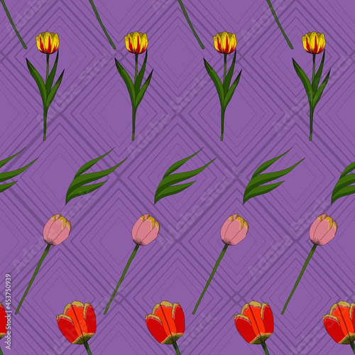 Colorful tulips vector seamless pattern design on purple rhombus pattern background © Elinnet
