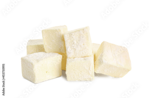 Tasty sweet marshmallows on white background
