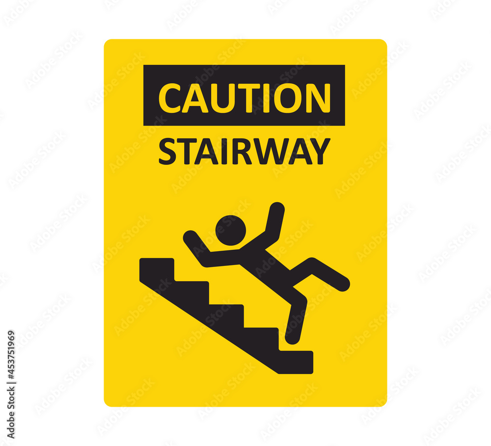 Caution stairway sign. A man falling down the stairs. A sign warning of