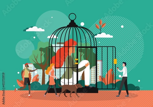 Sad young woman sitting alone in bird cage, flat vector illustration. Loneliness, depression. Mental disorder