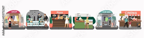 Shopping and entertainment center interior set, flat vector illustration. Fashion stores, pizza, coffee shop, cinema.