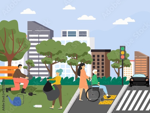 Volunteers helping disabled, collecting garbage, planting trees in the park, flat vector illustration. Eco volunteering.