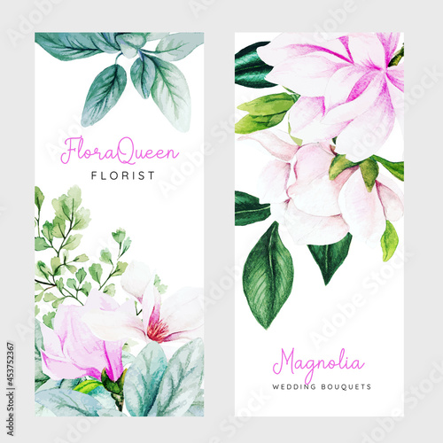 Set of two vertical banners with pink magnolia flowers and leaves